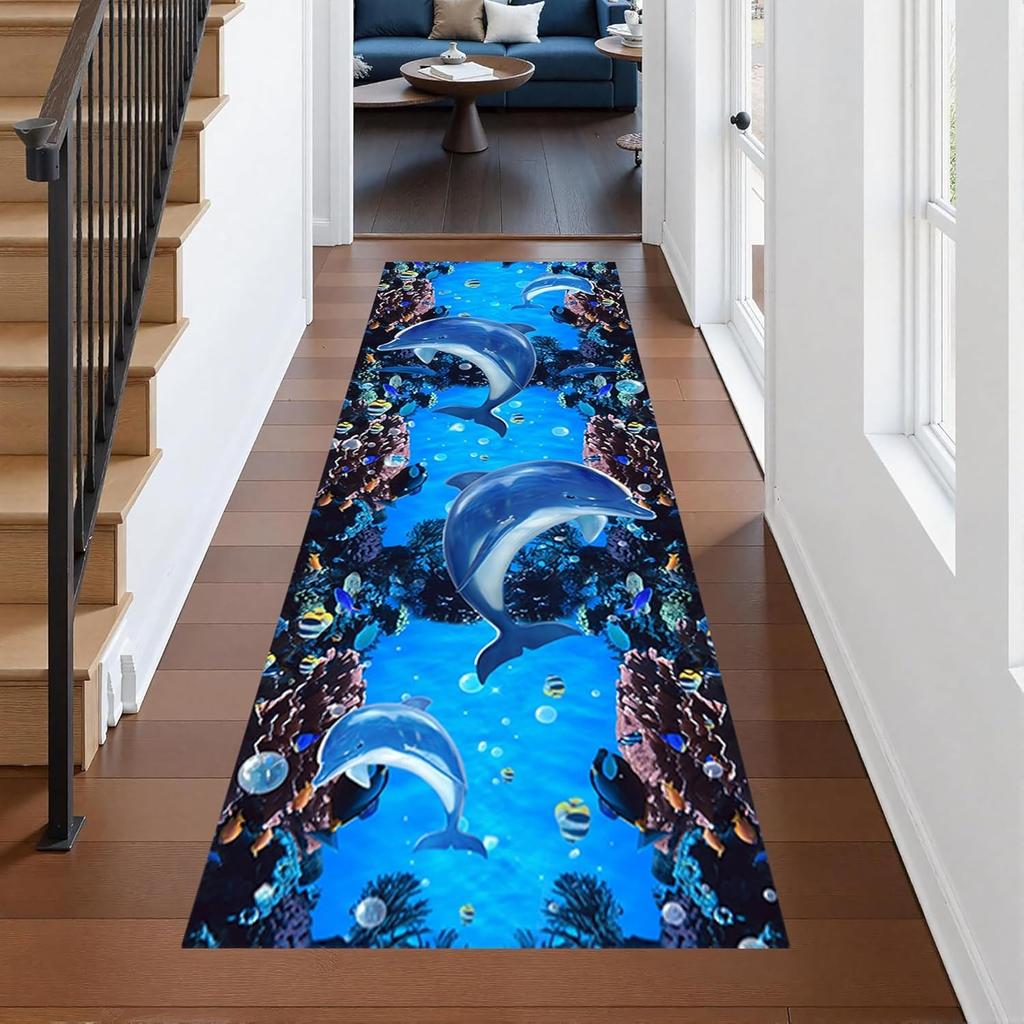 3D Optical Illusion Ocean World Runner Rug Dolphin Coral Reef Print Carpet Realistic Underwater Scene Home Decor Mat for Hallway