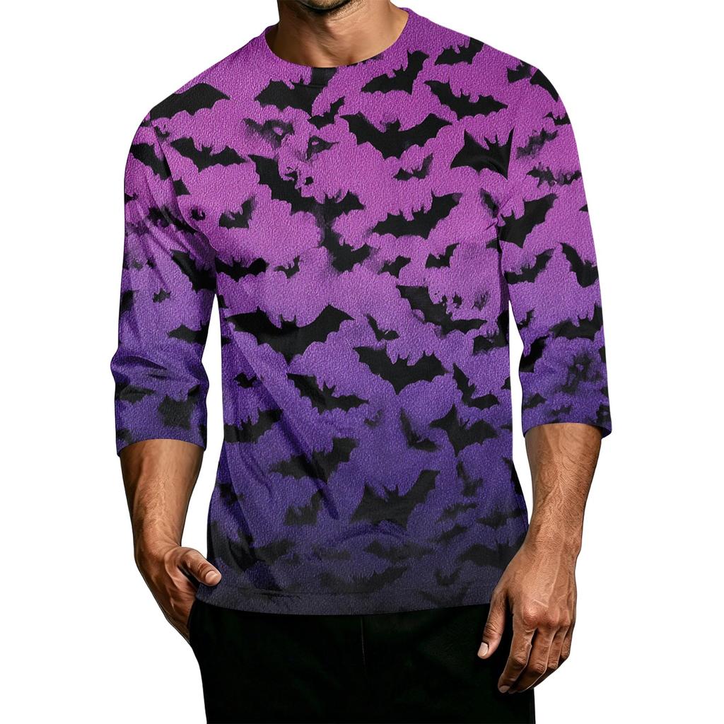 Men's Casual Halloween Printed Crew Neck T-Shirt Three Quarter Sleeve Top Lightweight Comfortable Fit Graphic Tee for Everyday Wear