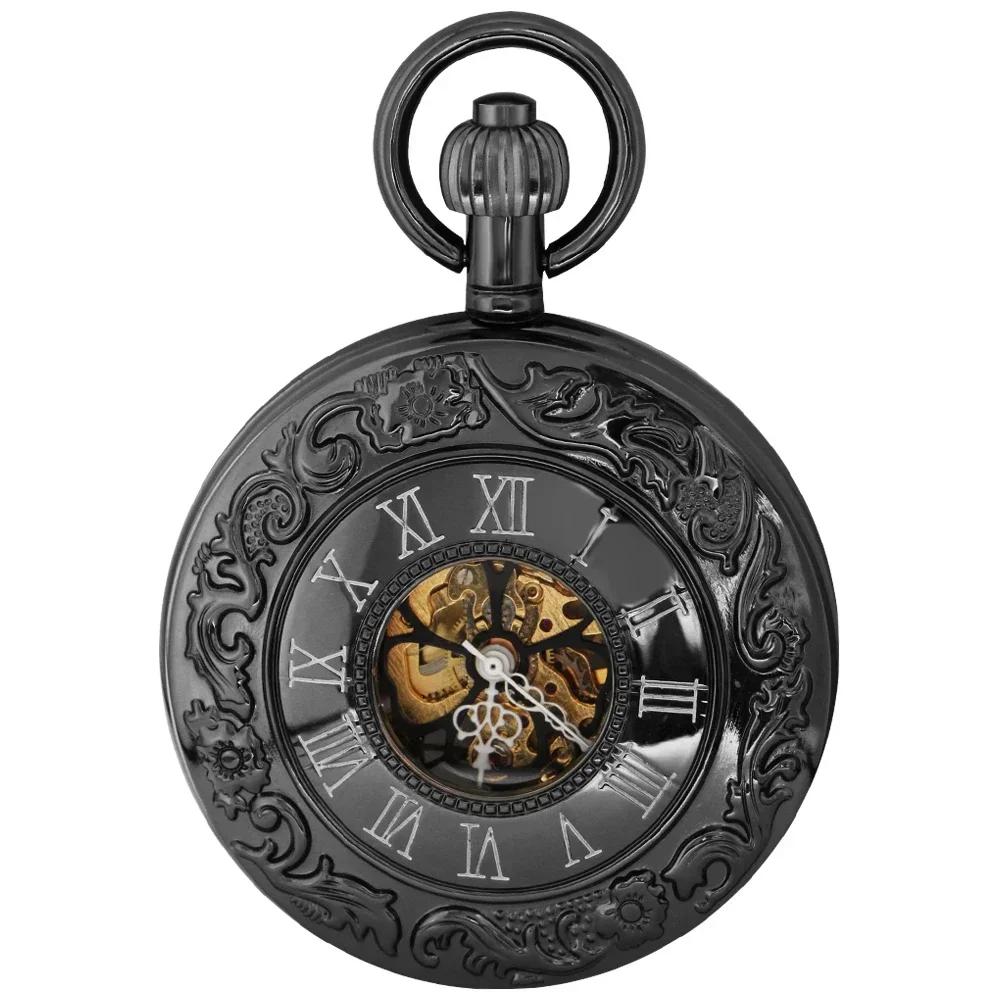 

Intricate Roman Numeral Scrollwork Motifs Engraved Mechanical Pocket Watch Men s Black Steampunk Retro Pendant Clock Gifts