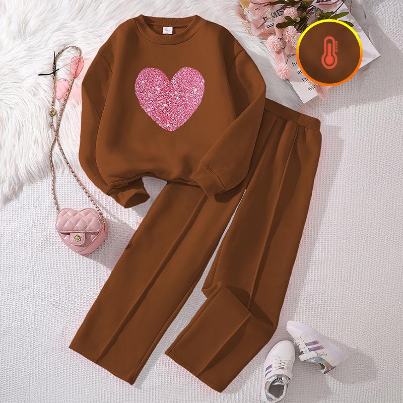 2025 Girls' European & American Spring Heart Sweatshirt and Pants Two-Piece Set