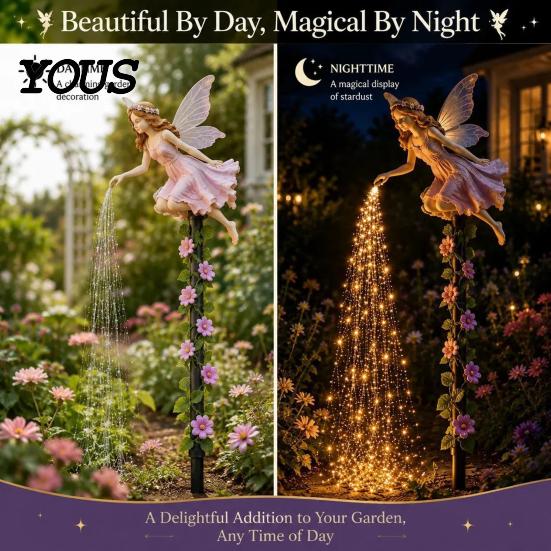 Whimsical Backyard Lighting Decor Fairy Sprinkling Magic Dust Solar Garden Light, Outdoor Front Yard Flower Bed Decorative Accents Statue