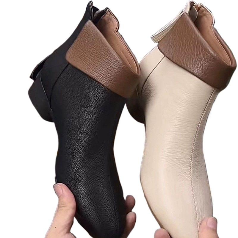 3 Leather Soft-soled Short Boots Women's Spring and Autumn Single Boots Pointed 2025 New Winter Velvet Versatile French Boots Women