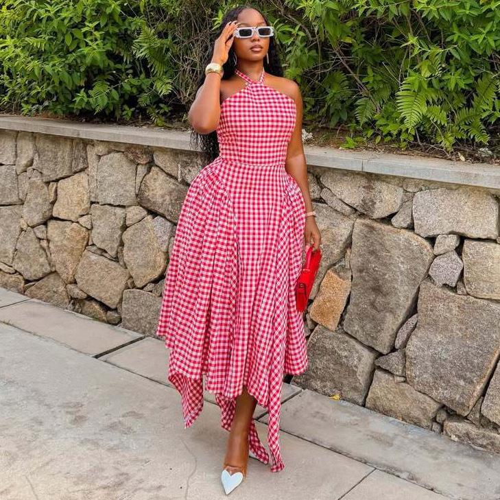African new women s sleeveless halter fashion plaid dress, European and American chic versatile high-waisted asymmetrical long dress S красный