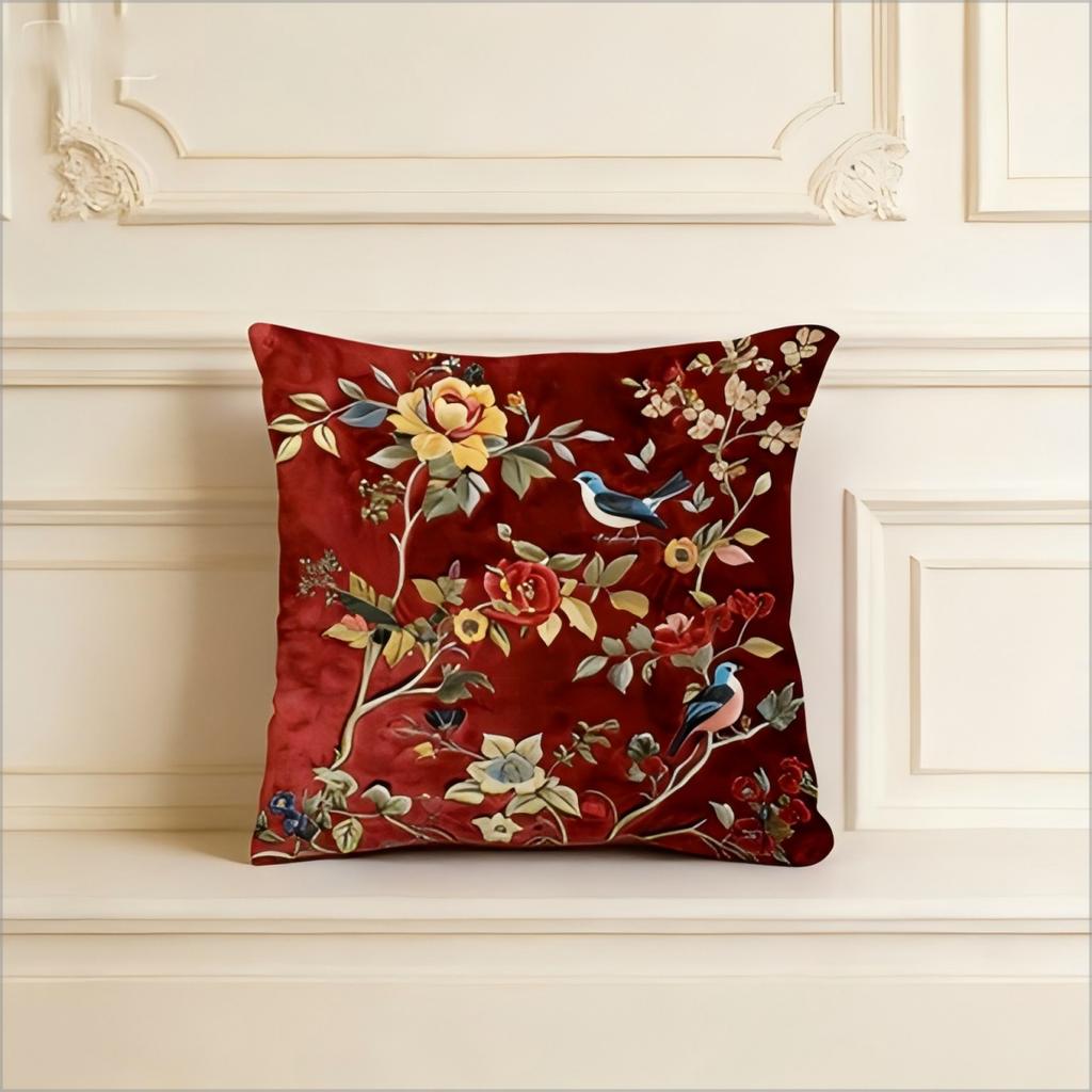 Vintage Red Floral Bird Pillow Cover Faux Embroidery Style Peony Print Elegant Cushion Case For Sofa Bed Couch Home Decor