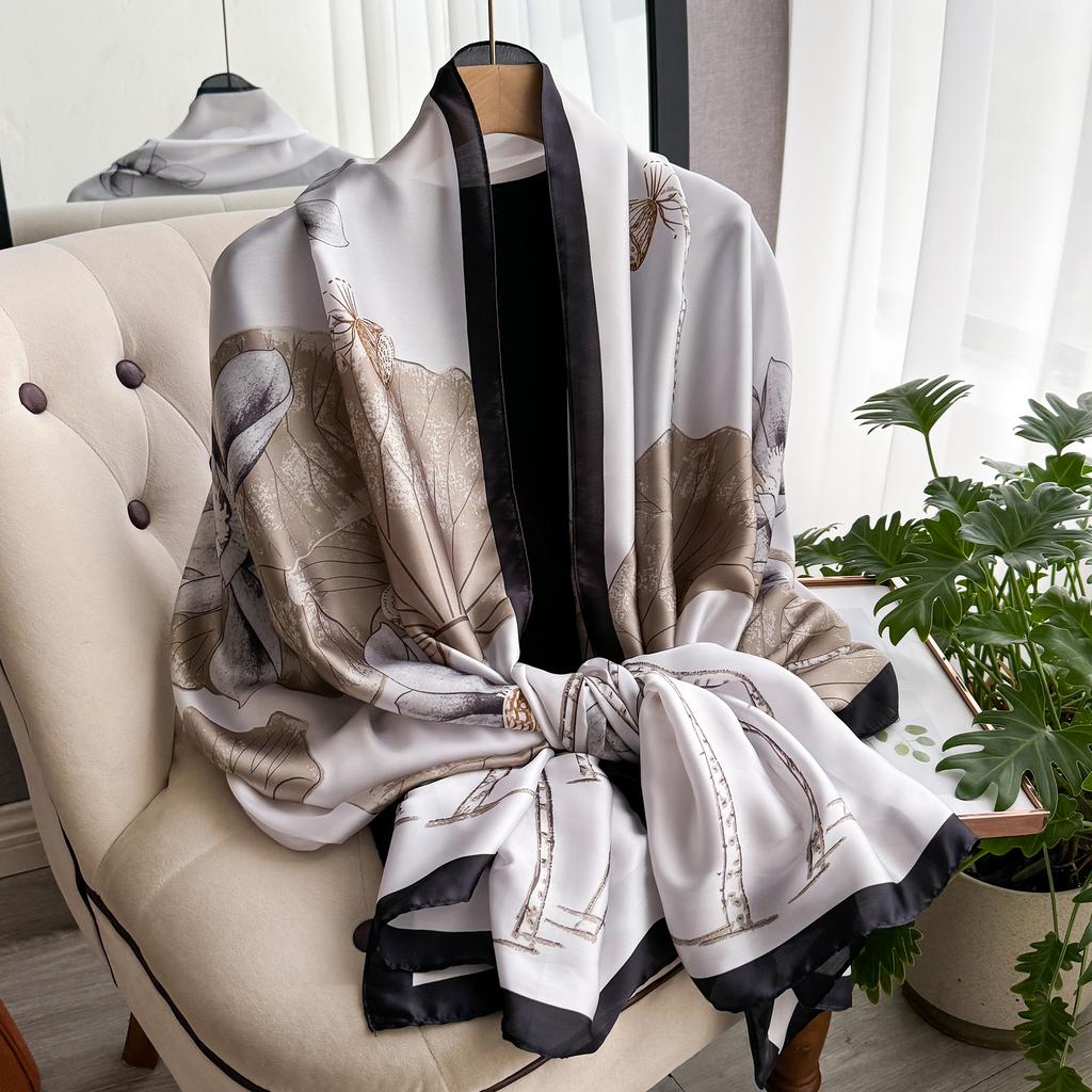 Spring 180*90Cm Fashion Dustproof Big Bandanna Popular Satin Finish Silk Shawls Scarves Luxury Print Sunscreen Beach Towel
