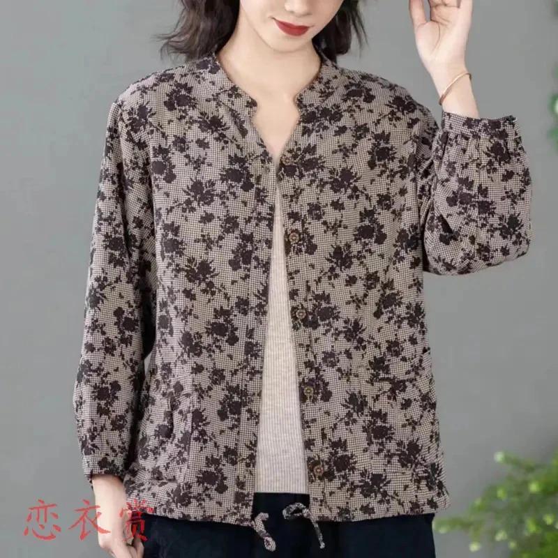 

Womens Floral Print Stand Collar Casual Open Front Jacket XL коричневый