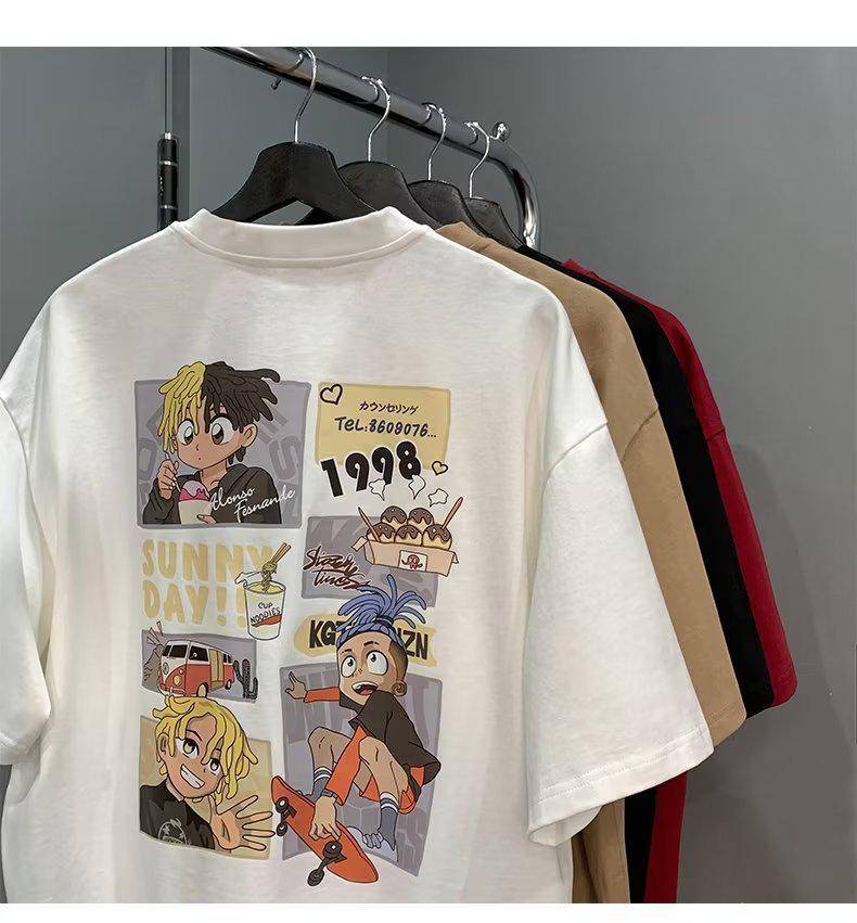 Cartoon Print Oversized Heavyweight Cotton T-Shirt - Summer Loose Fit Short Sleeve