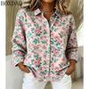 Autumn women's blouse with floral pattern printed long sleeved button down lapel shirts, loose and casual daily women's clothing