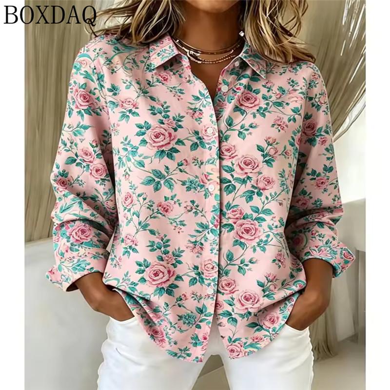 Autumn women's blouse with floral pattern printed long sleeved button down lapel shirts, loose and casual daily women's clothing