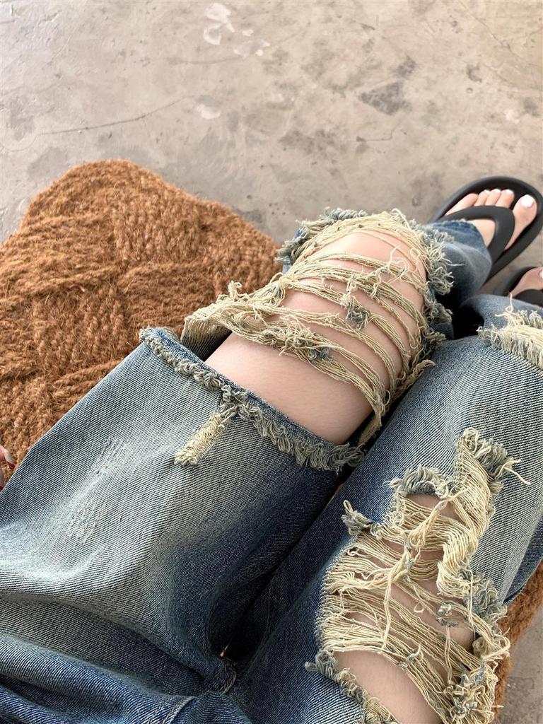 Women's High Waist Retro Wide Leg Ripped Jeans - Summer Floor-Length