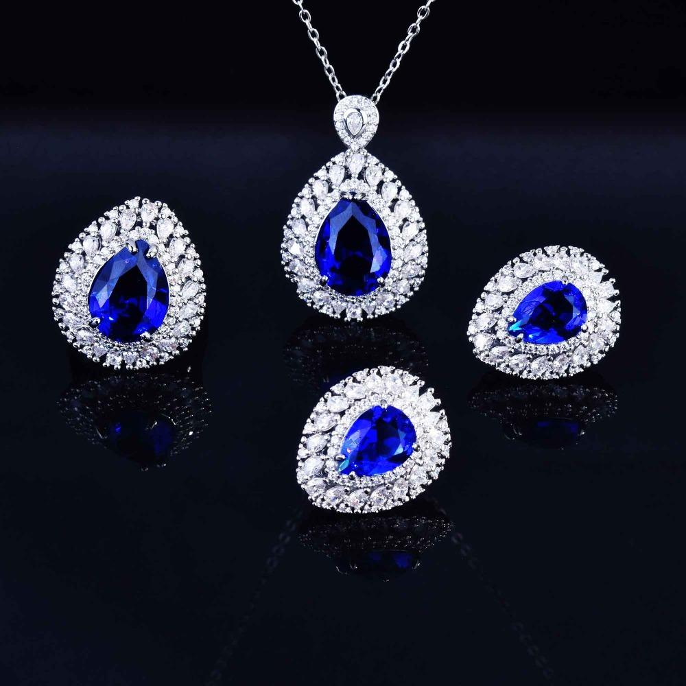 European Elegant Jewelry Set Imitation Sri Lanka Cornflower Blue Sapphire Pendant Open Ring Earrings for Women