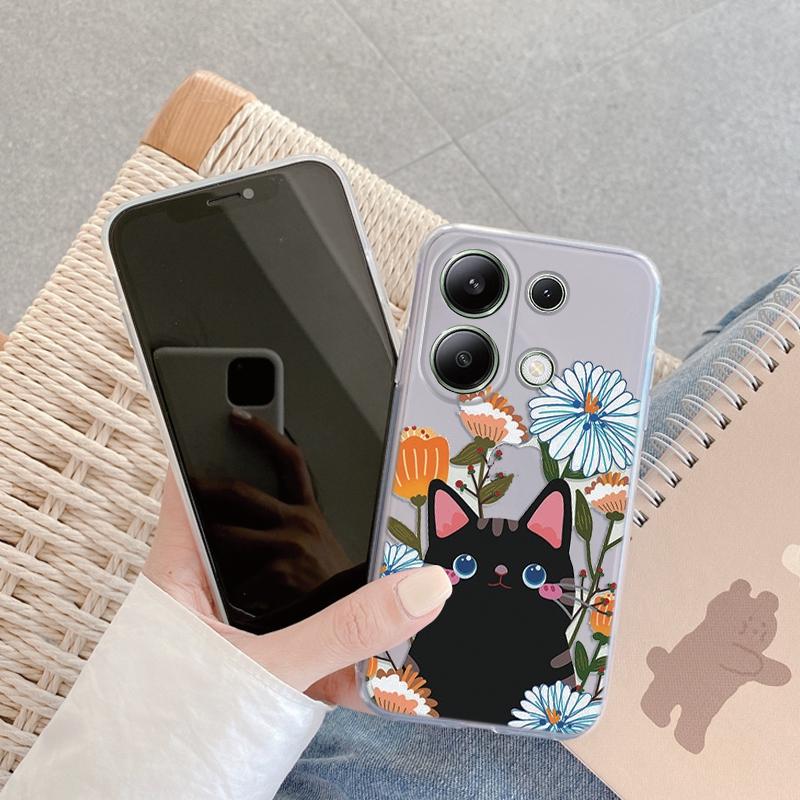 

Мягкий силиконовый чехол с рисунком цветка и кошки для Samsung A55 M35 S24 Xiaomi Redmi Note 13 Pro iPhone Huawei Honor Realme Camera Защитный противоударный чехол Realme 12x