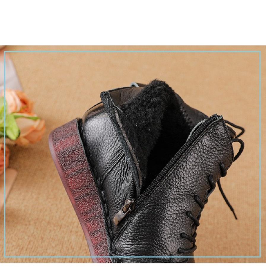 Retro Genuine Leather Ankle Boots Women's Winter Warm Plush Lace-Up Snow Booties Flats Fur Side Zip-Up Mom Boots