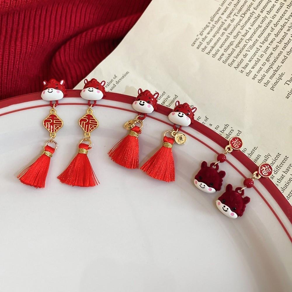 Cartoon Horse New Year Horse Earrings Flocking Horse Mascot Drop Earrings Red Pony Earrings Party
