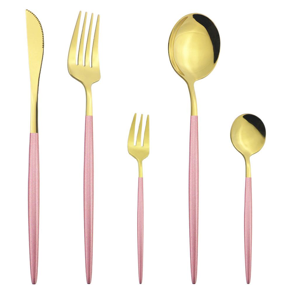 5Pcs White Gold Dinnerware Cutlery Set Knife Dessert Fork Coffee Spoon Tableware Stainless Steel Dinner Flatware Silverware Set