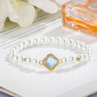 Exquisite Fashion Glass Four-leaf Clover Pearls Beads Bracelet for Ladies