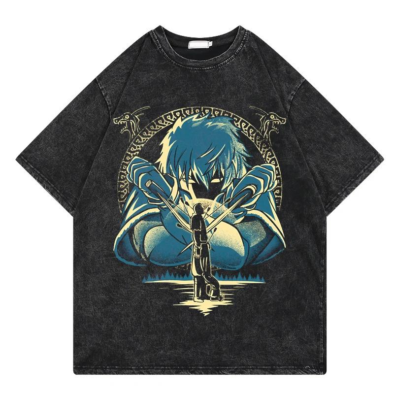 Vinland Saga Anime Vintage Washed Tshirt Graphic Print Hip Hop Streetwear Loose Y2k Summer Short Sleeve Cotton Top