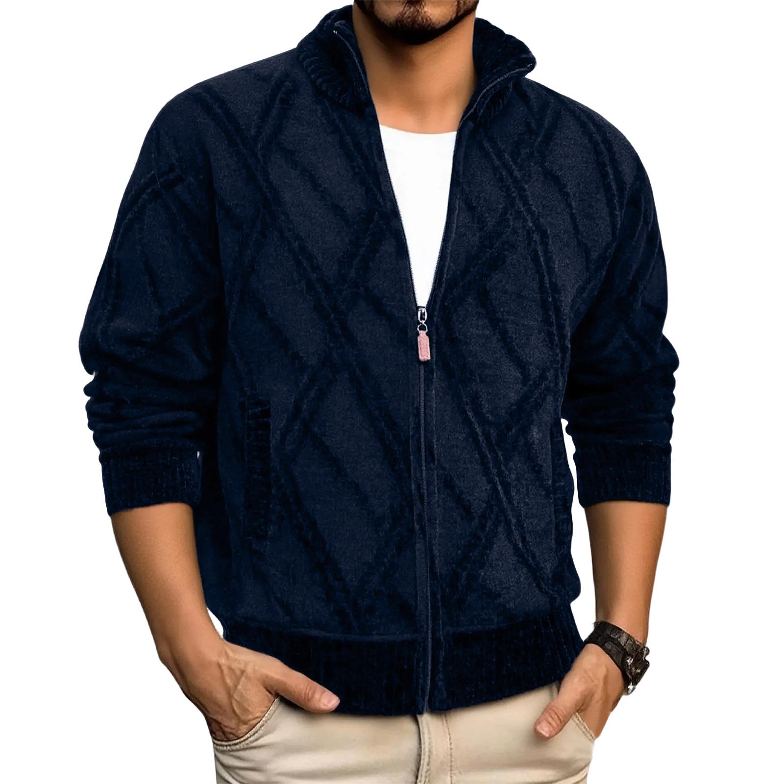 

Men s Casual Plus Velvet Thickened Geometric Pattern Knitted Zipper Cardigan Jacket XXL тёмно-синий