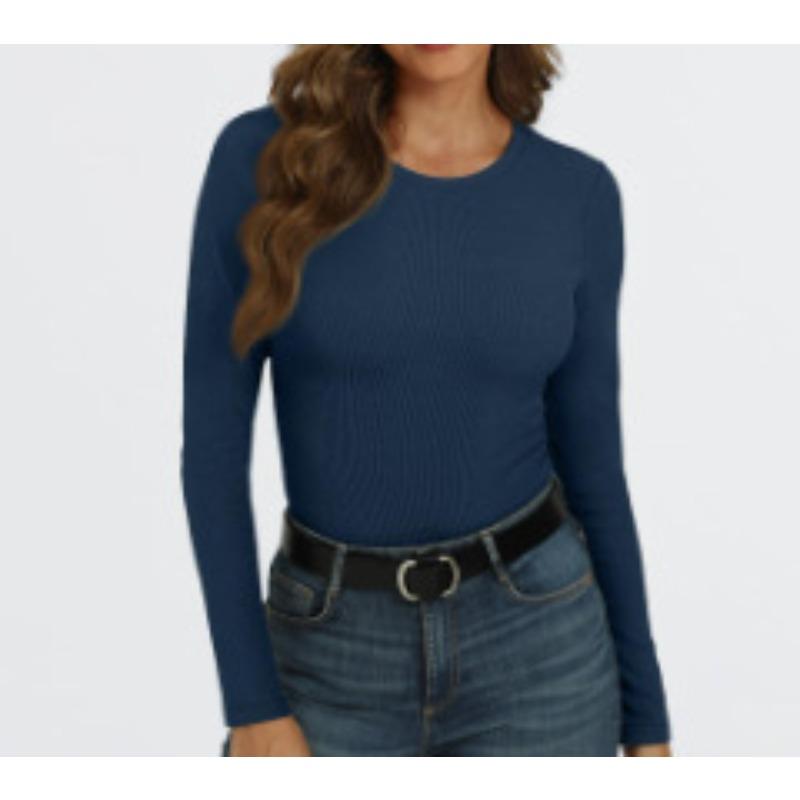 New women's long-sleeve stretch round-neck ribbed shirt, slim-fit casual basic top