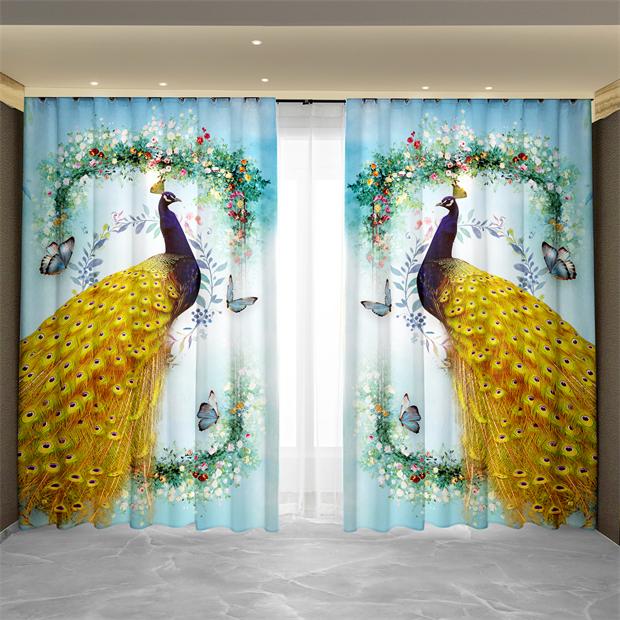 Nowy Chiński Styl Tuszowy Pejzaż Malarstwo Kwiatowe Paw Feniks Zasłona Okno od Podłogi do Sufitu Salon Tkanina Zaciemniająca Zasłona