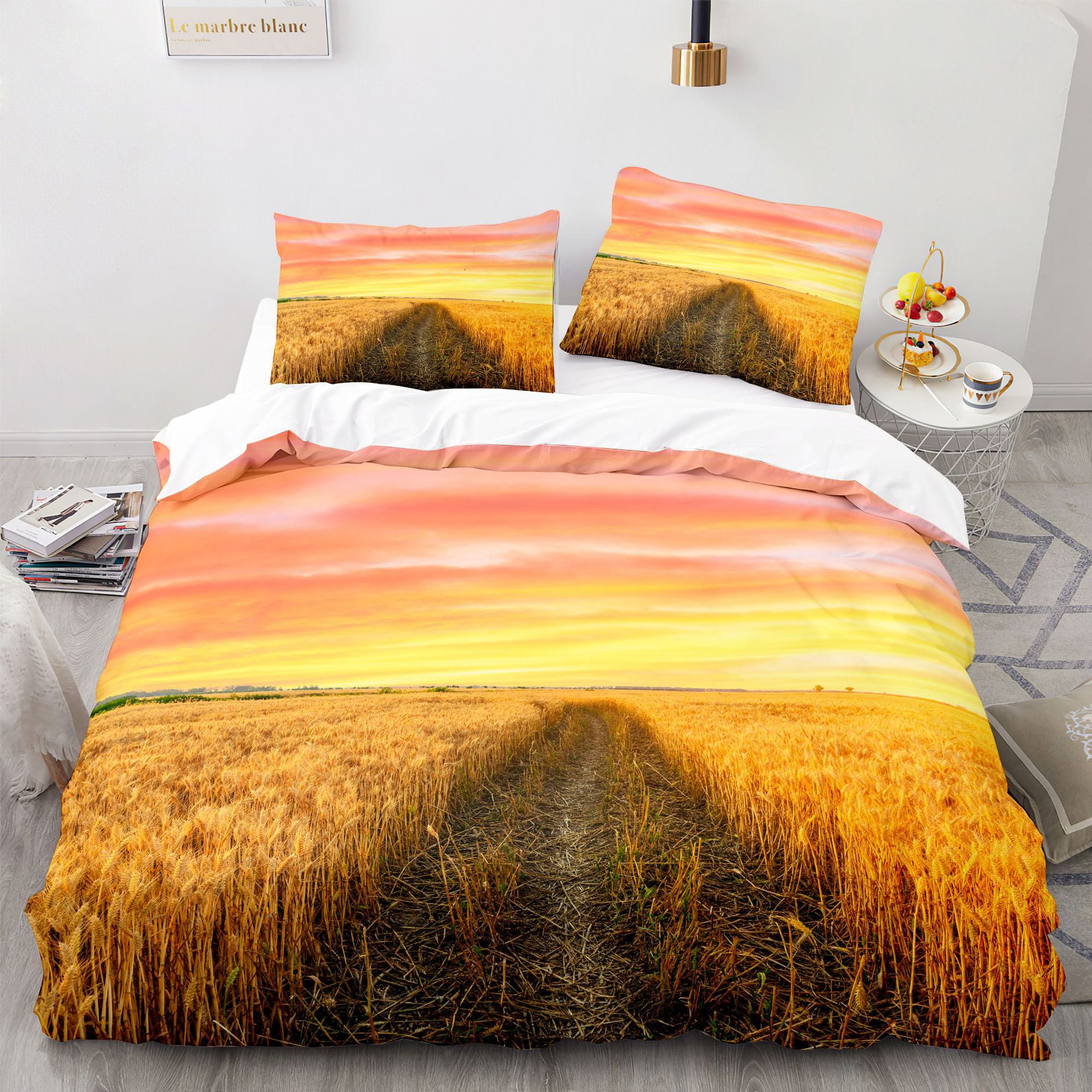 

Wheat Field Landscape Duvet Cover Queen Golden Wheat Ears Bathed In Sunlight Quilt Cover Farm Theme Bedding Set Warm And Nice EU Single(135*200cm)3pcs