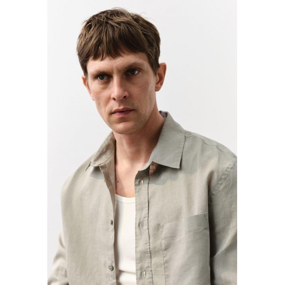 H M Regular Fit Linen Blend sHirt kHaki Green