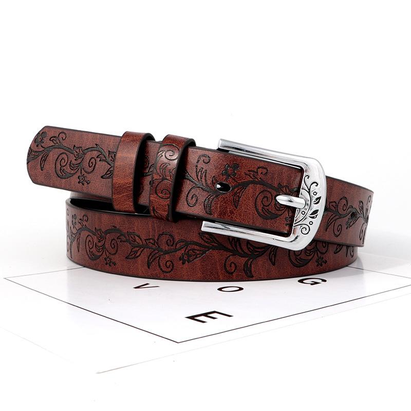 

Inspired Boho Leather Belt With Embossed Design And Silver Buckle For Womens StyleA