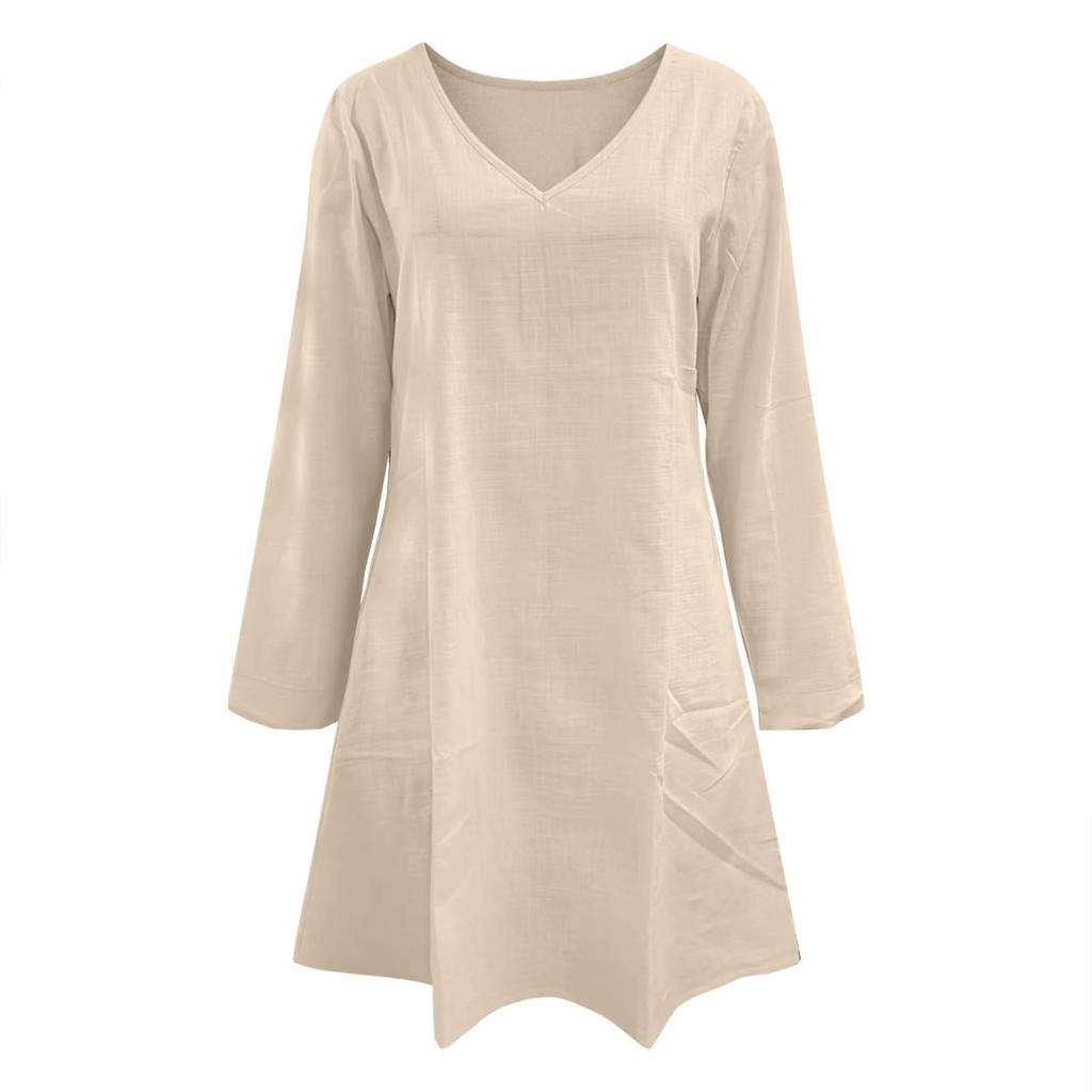 Women’s Long Sleeve V Neck Casual Loose Fit Midi Dress Lightweight Soft Fabric Comfortable Style