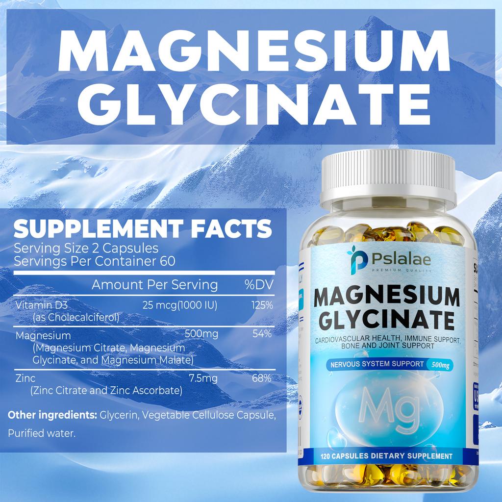Pslalae Magnesium Glycinate Complex Softgels, 500mg, with Vitamin D3 and Zinc, 120 Count, Vegan