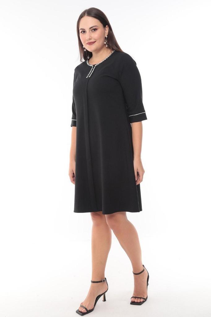 Women's Big Size Dress Plus Size Dress with Collar and Sleeve Stone Accessory Detail