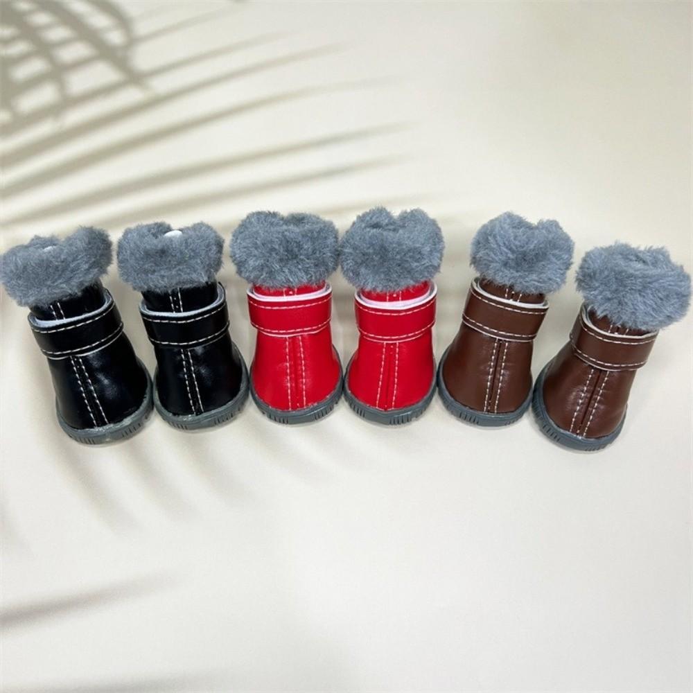 4PCS Plush Winter Pet Dog Shoes Non Slip Rubber Soles Dog Snow Boots Wear-resistant PU Leather Dog Fleece Shoes Winter Season