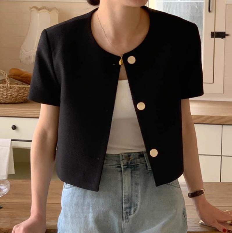Korean Chic Puff Sleeve Short Jacket for Women - Loose, Versatile, Summer Style with Round Neck & Single-Breasted Design