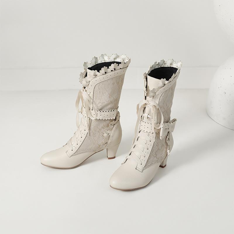 Elegantes Botas de Encaje Quemado con Lazo para Mujer con Cordones Botas de Caballero de Altura Media Botas de Tacón Alto 33-43 Botas de Talla Grande