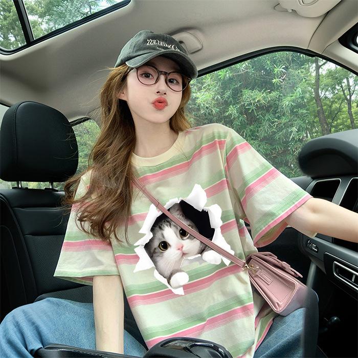 Women Striped Short Sleeve T Shirt Summer Contrast Color Round Neck Loose Mid Length Casual Sweet Slim Tee Tops