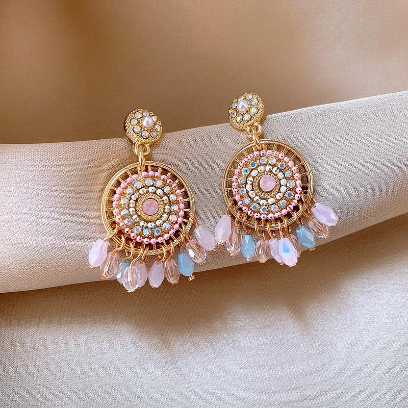 Silver needle ethnic style diamond set round pearl crystal fringed stud earrings earrings