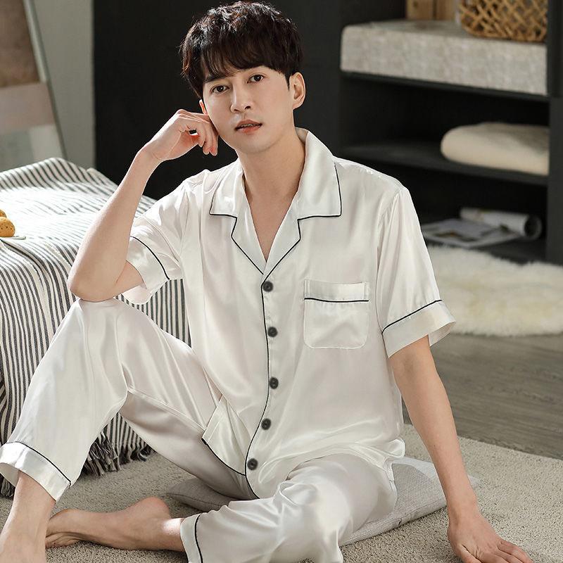 GMXIA Spring and Autumn Men's Pajamas, Long Sleeves and Long Pants, Thin Ice Silk, Teen Home Wear, Silk Set, Plus-size