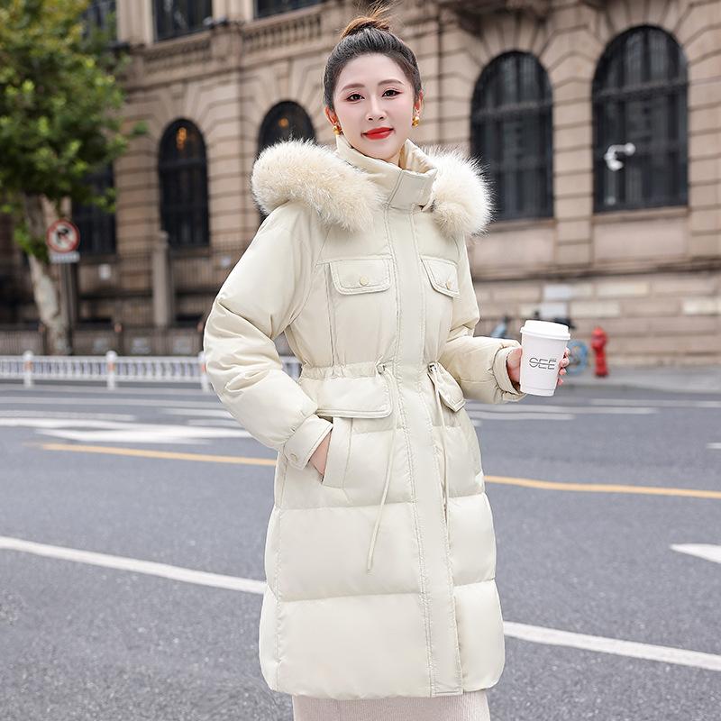 High-end hooded down jacket women's medium and long winter waist slim and thin fox fur collar white duck down jacket