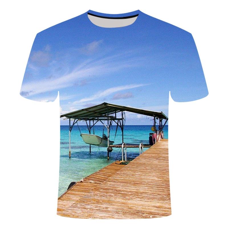 New Summer Essential Men's And Children's Shirt Palm Beach Seaview 3d Print T-shirt Casual Fashion Seaside Style Thin Top