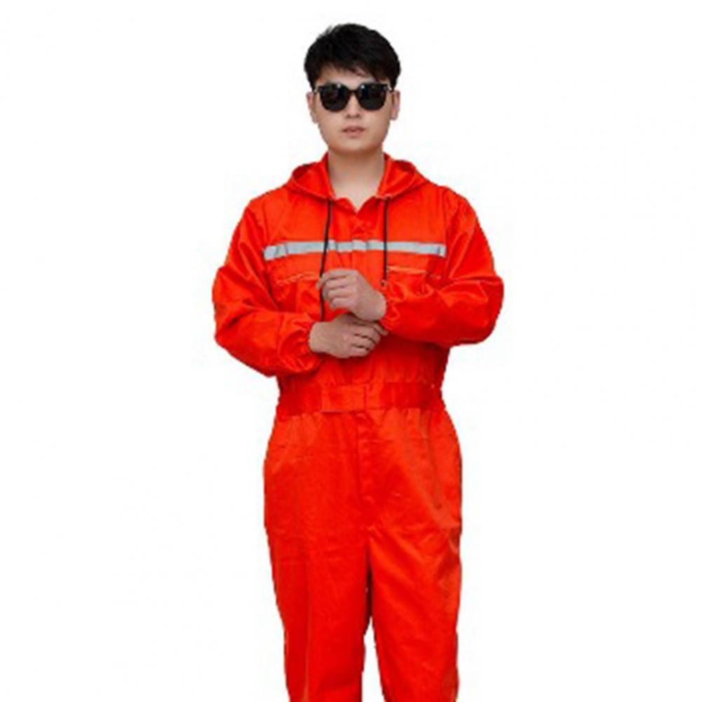 Unisex Work Overalls Hooded Drawstring Wear-resistant Reflective Zipper Work Clothes Loose Pockets Safety Worker Coveralls
