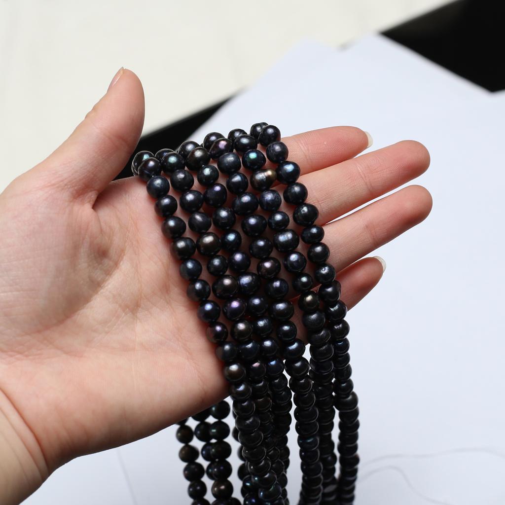 1String, Black Natural Freshwater Pearls, Handmade Near Round Pearl Beads for Jewelry Making DIY Necklaces, Bracelets Crafts, Beads 7-8mm, Length 36cm