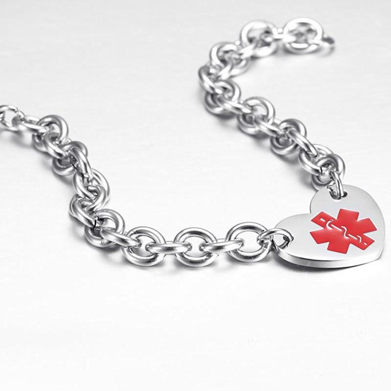Stainless Steel Engraved Medical Alert Heart Link Chain Bracelet Medic ID Bracelet Monitoring Awareness for Women