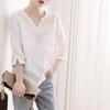 WTEMPO Spring Summer V-neck Embroidered Mixed Cotton Linen Shirts for Women White Seven Quarter Sleeve Loose Fitting Casual Tops