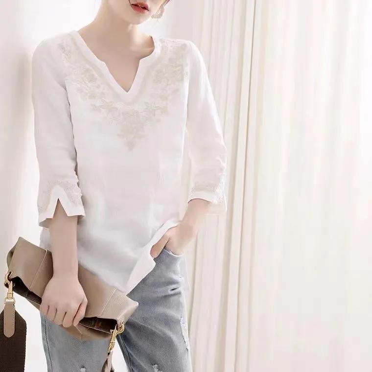 WTEMPO Spring Summer V-neck Embroidered Mixed Cotton Linen Shirts for Women White Seven Quarter Sleeve Loose Fitting Casual Tops