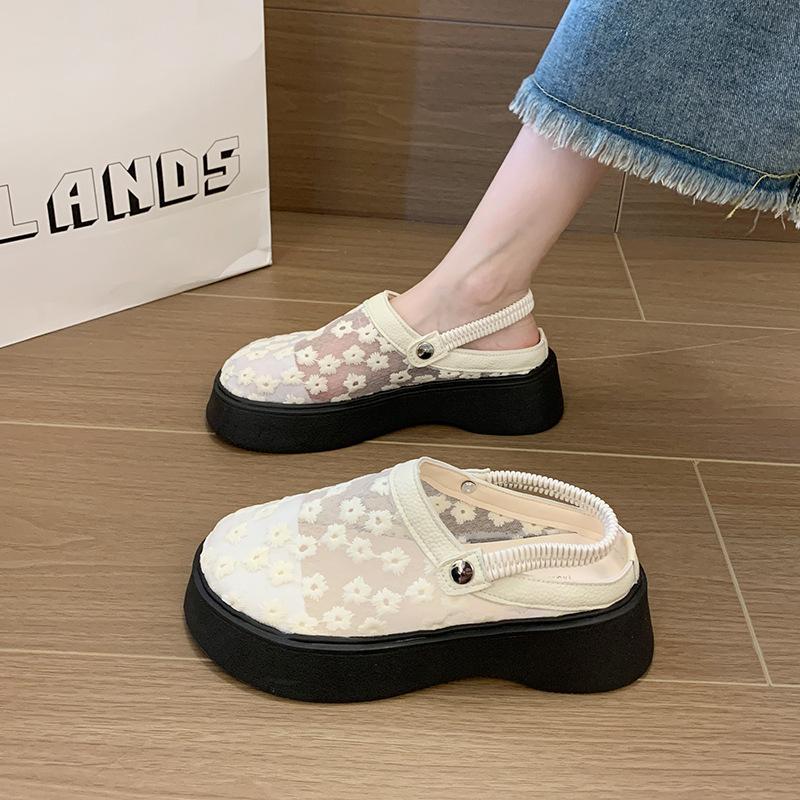 Height-increasing breathable mesh yarn two and a half slippers women's summer 2025 thick-soled small casual hollowed-out bag head sandals