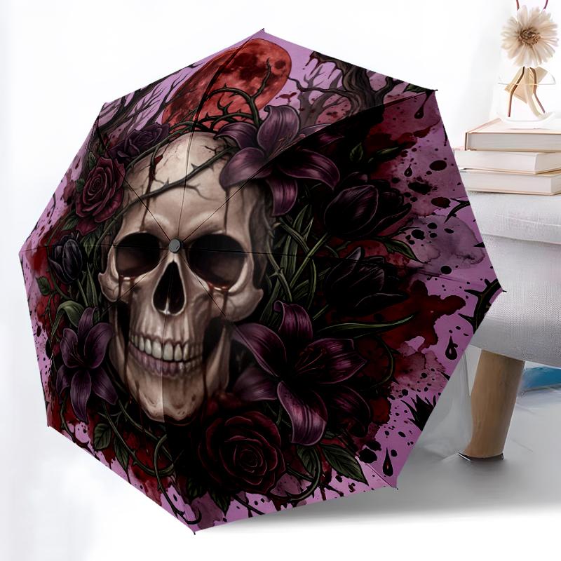 1pc Sturdy 8-Bone Auto Umbrella, Gothic Black Rose Umbrella, Digital Printed, Foldable Umbrella for On-the-Go Outdoor Use