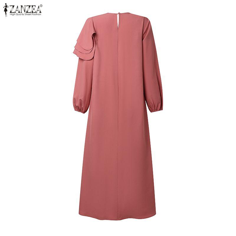 ZANZEA Women Casual Round Neck Long Sleeve Loose Ruffles Splice Long Dress