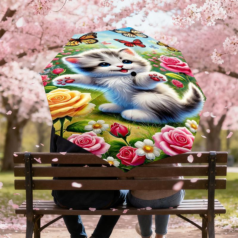 1PC cat flowers Automatic Open/Close Umbrella with Windproof, 8-Rib Sturdy Canopy, Durable Ribs, Fashionable Design, Outdoor Accessory, Fun Prin, Holi