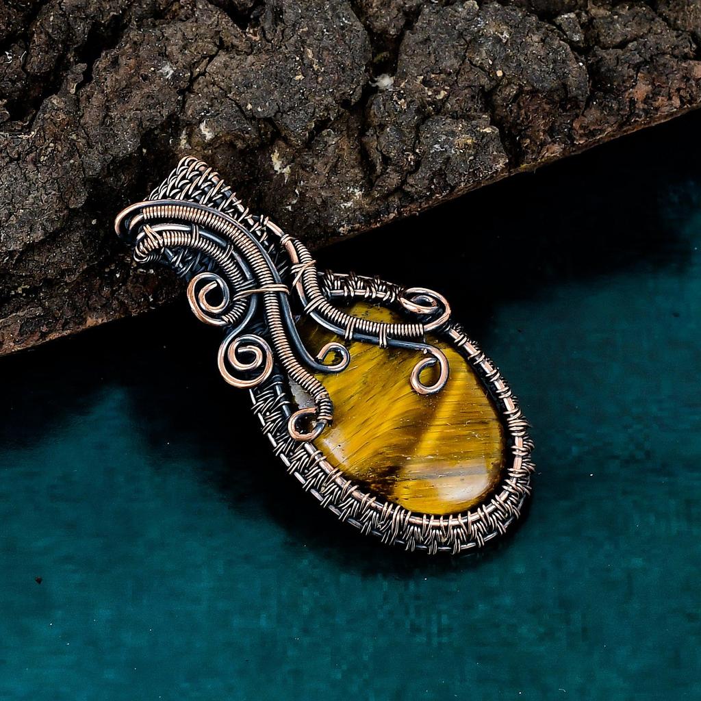 Tiger's eye pendant copper wire wearing pendant handmade antique jewelry real gemstone jewelry chain pendant designer jewelry gift for wife