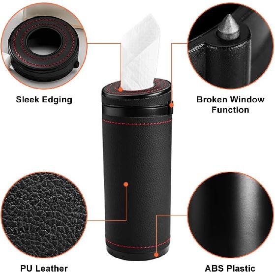 Car Tissue Tube, Cylinder Tissue Box Diameter 2.75'' PU Leather Round Tissues Container For Car Cup Holder, Up To 30 Count Tissue
