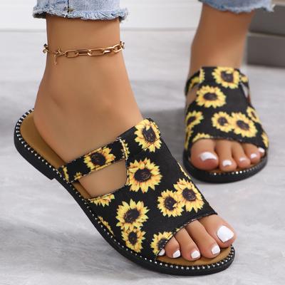 Foreign Trade Large Size Set of Toe Slippers for Women 2024 Summer New Ethnic Style Fashion Sunflower Flat Bottom Beach Sandals for Women